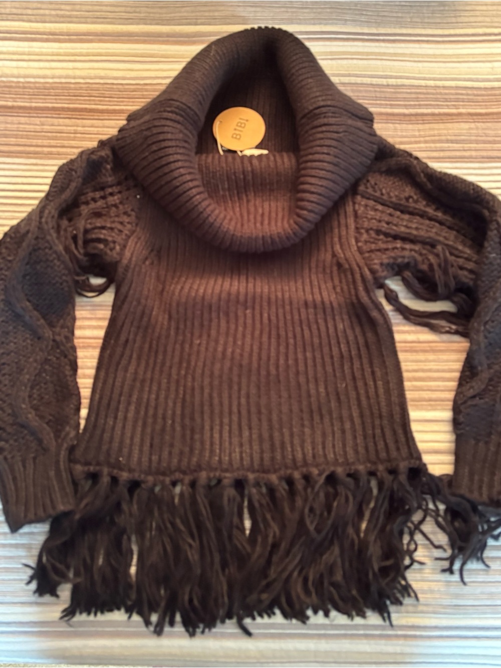 BIBI Cowl Neck Fringe Knit Sweater